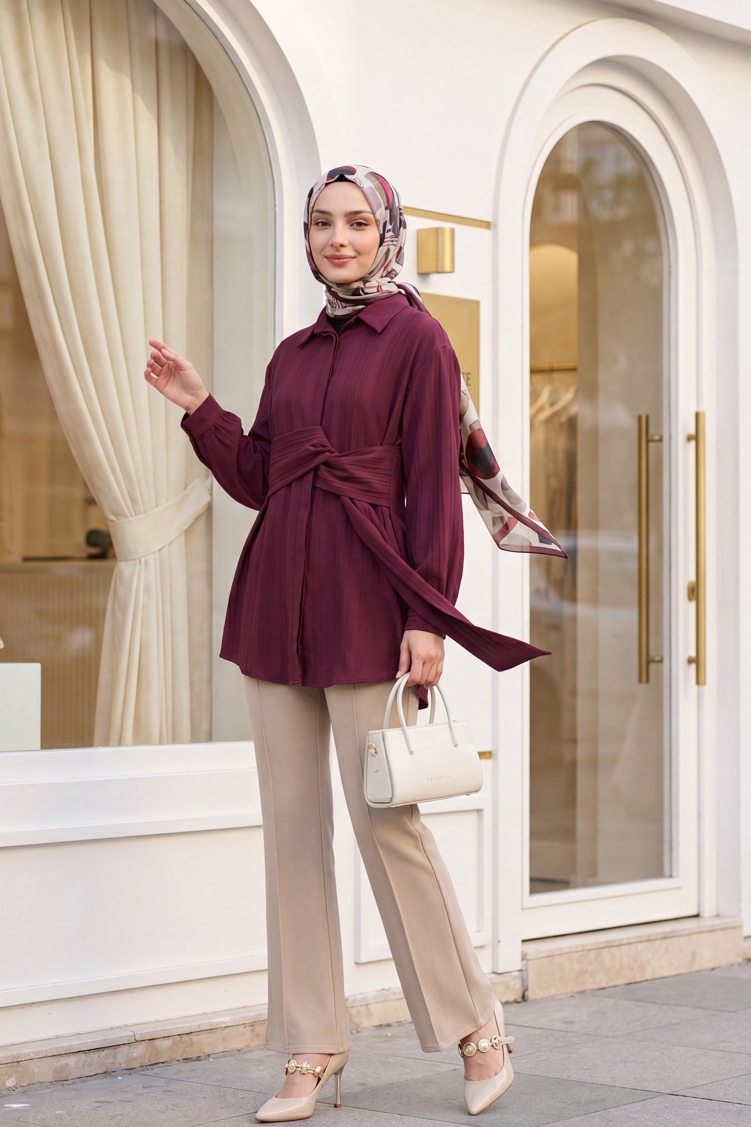 Belden Bağlamalı Fitlli Krinkıl Tunik -Bordo