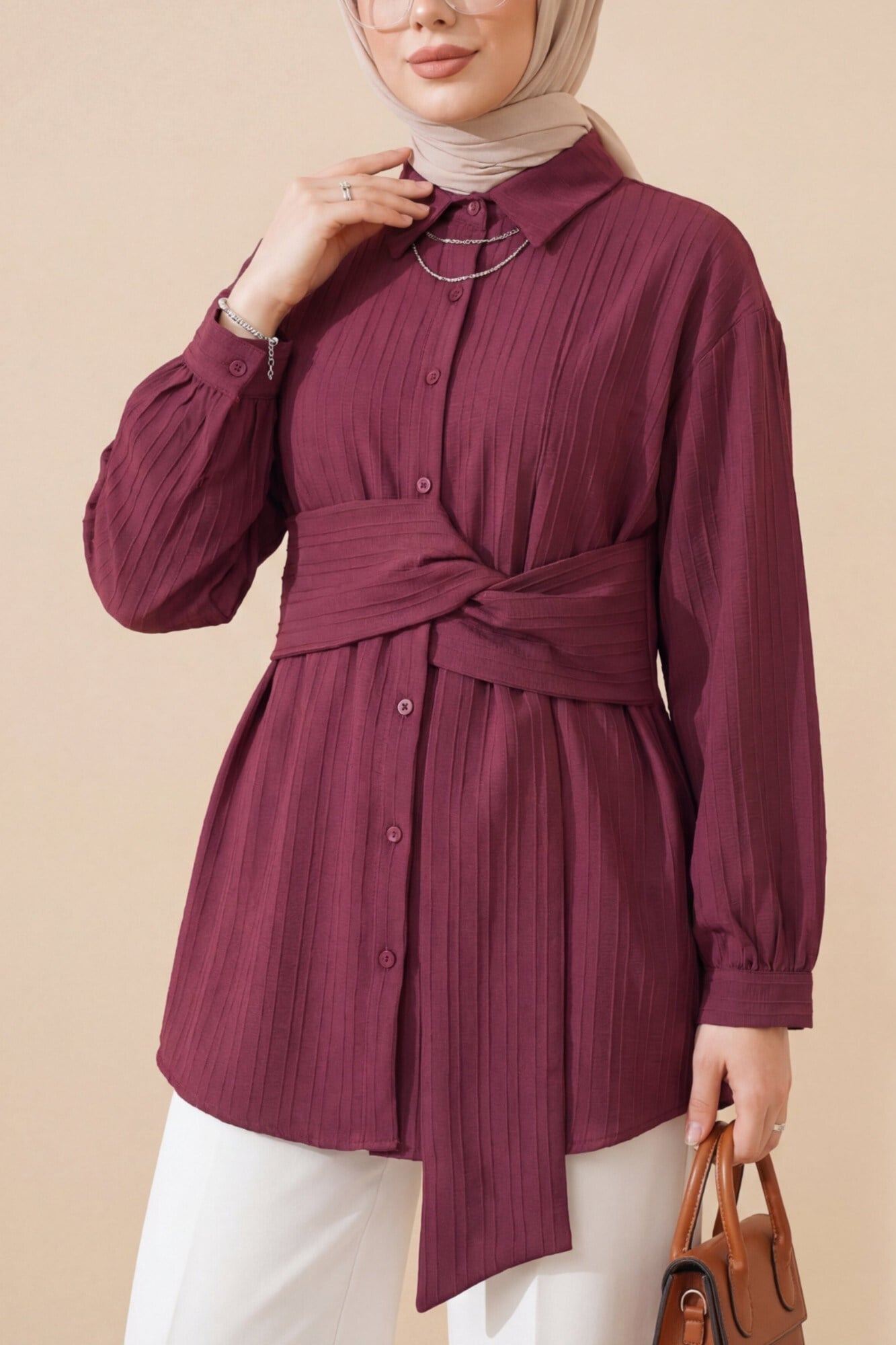 Belden Bağlamalı Fitlli Krinkıl Tunik -Bordo