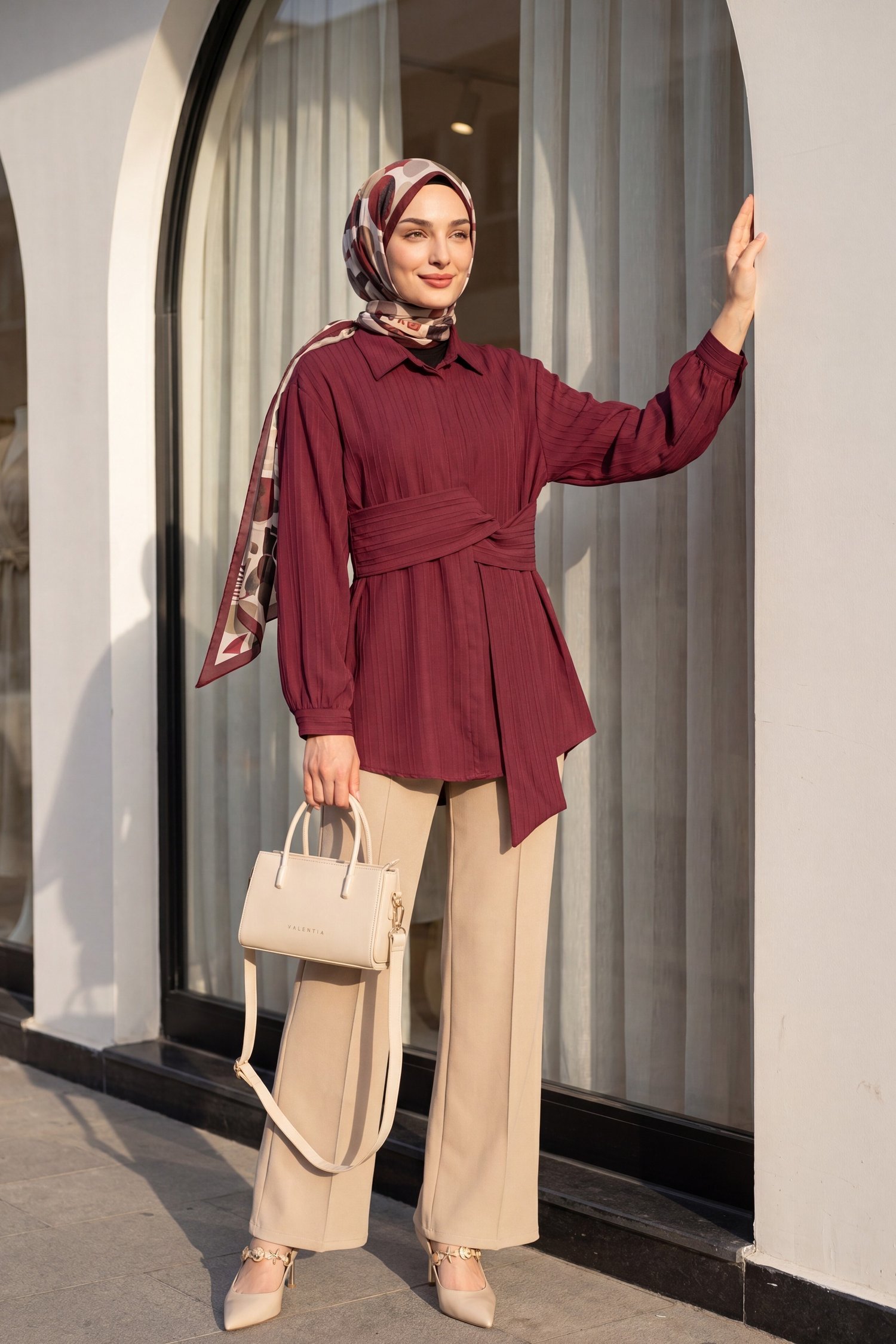 Belden Bağlamalı Fitlli Krinkıl Tunik -Bordo