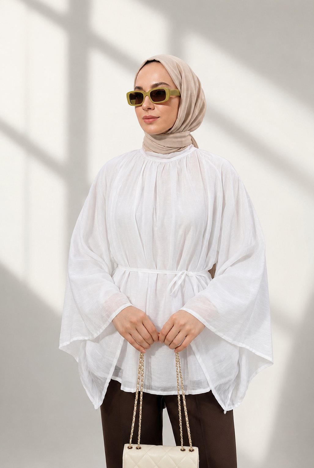 Beli Bağcıklı Astarlı Kristal Modal Tunik - Beyaz
