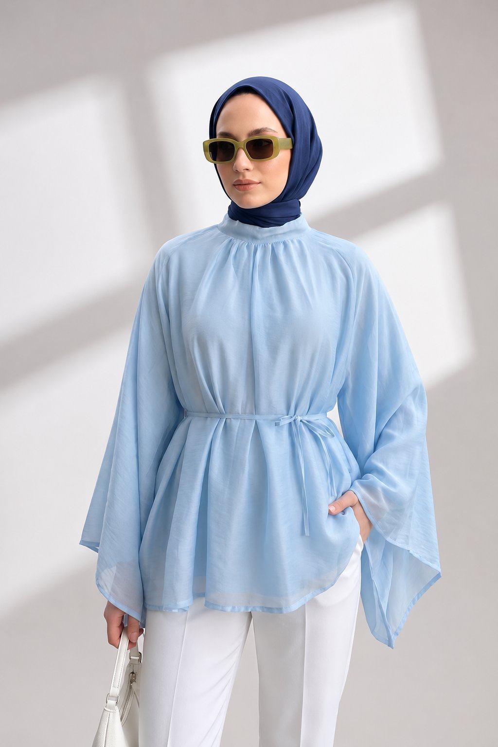 Beli Bağcıklı Astarlı Kristal Modal Tunik - Mavi