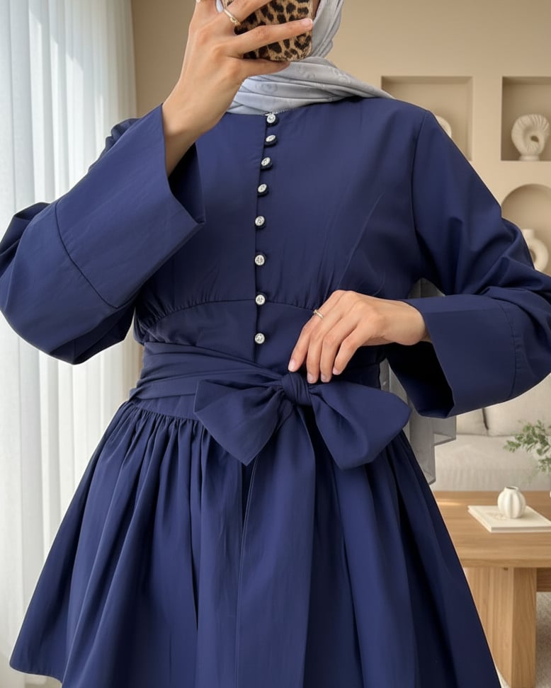 Beli Bağcıklı Boydan Taş Düğmeli Tunik -Lacivert