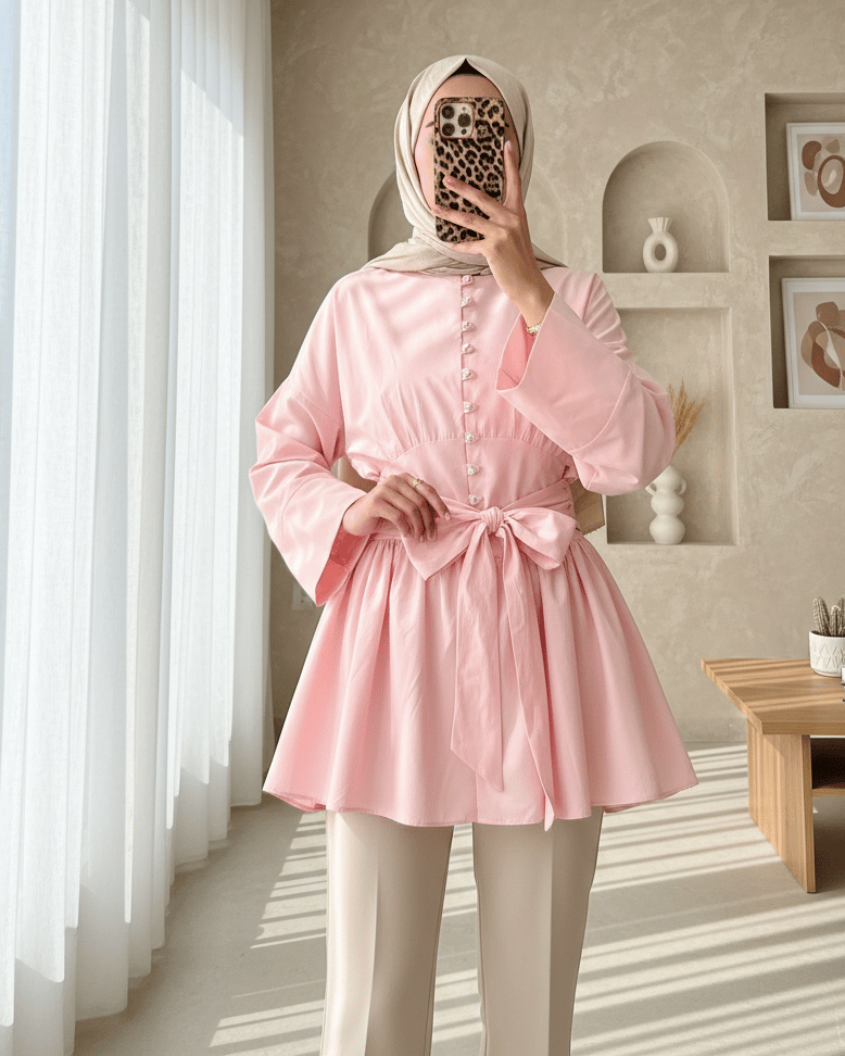 Beli Bağcıklı Boydan Taş Düğmeli Tunik -Pembe