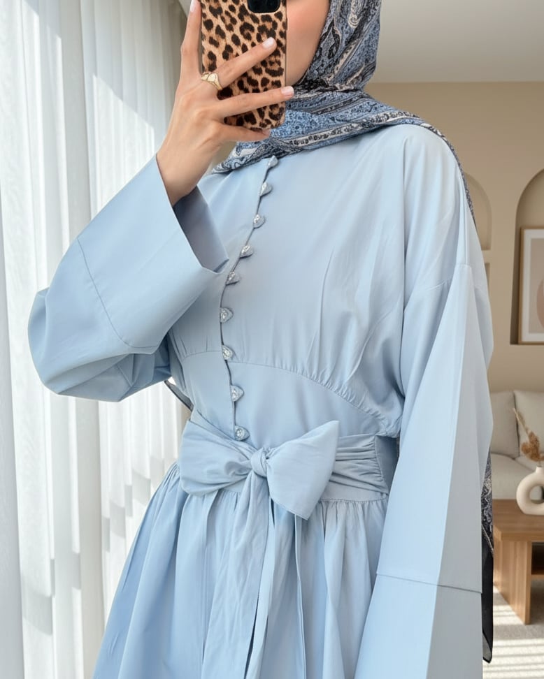 Beli Bağcıklı Boydan Taş Düğmeli Tunik -Bebe Mavi