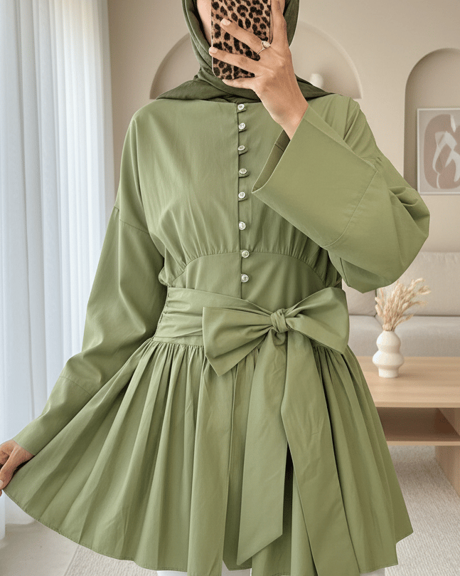 Beli Bağcıklı Boydan Taş Düğmeli Tunik -Çağla Y.