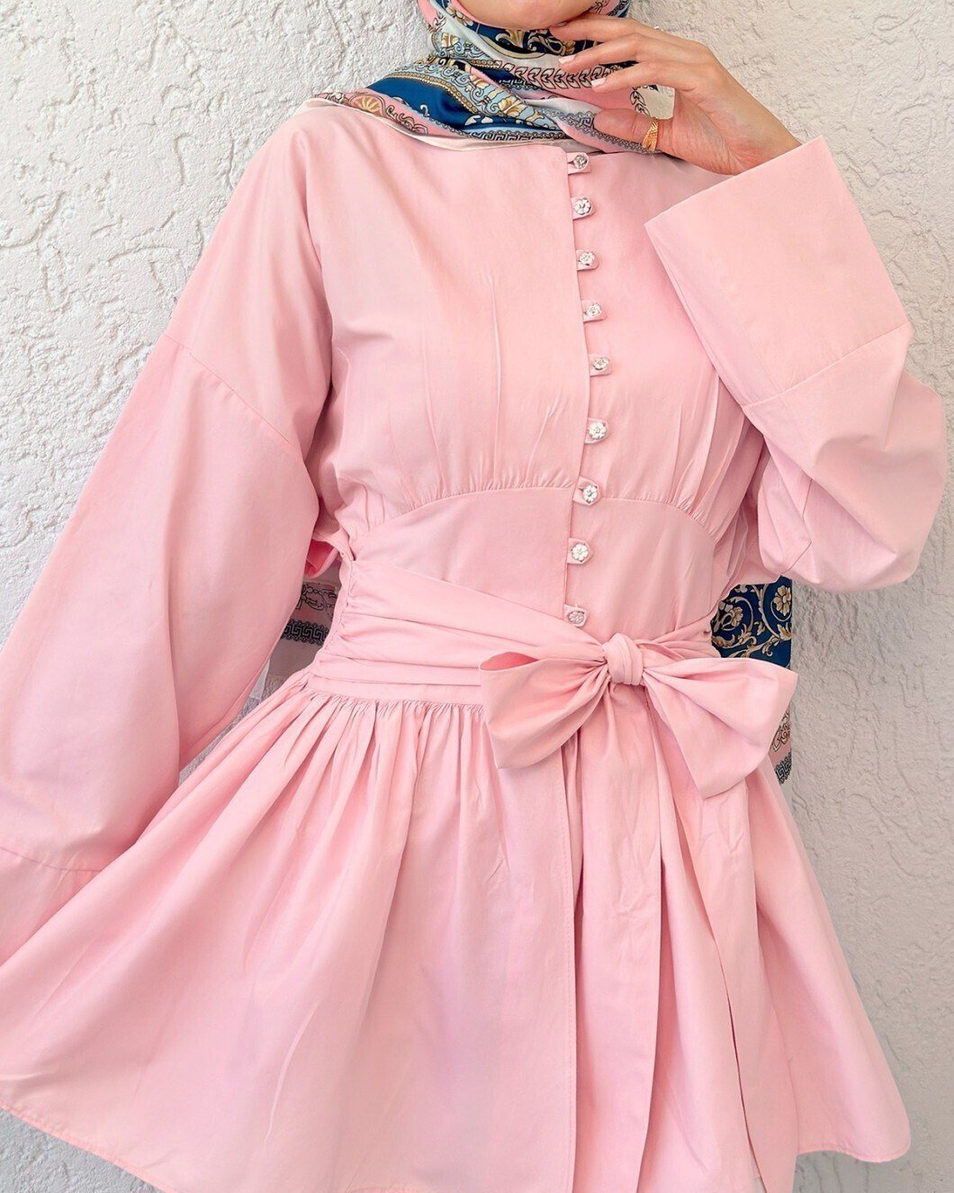 Beli Bağcıklı Boydan Taş Düğmeli Tunik -Pembe