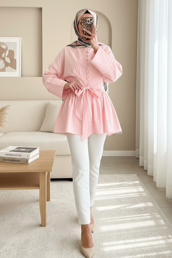 Beli Bağcıklı Boydan Taş Düğmeli Tunik -Pembe