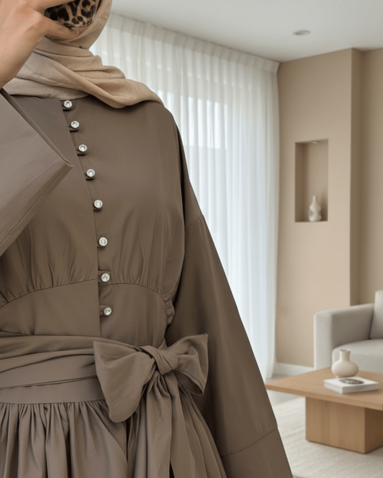 Beli Bağcıklı Boydan Taş Düğmeli Tunik -Açık Kahve