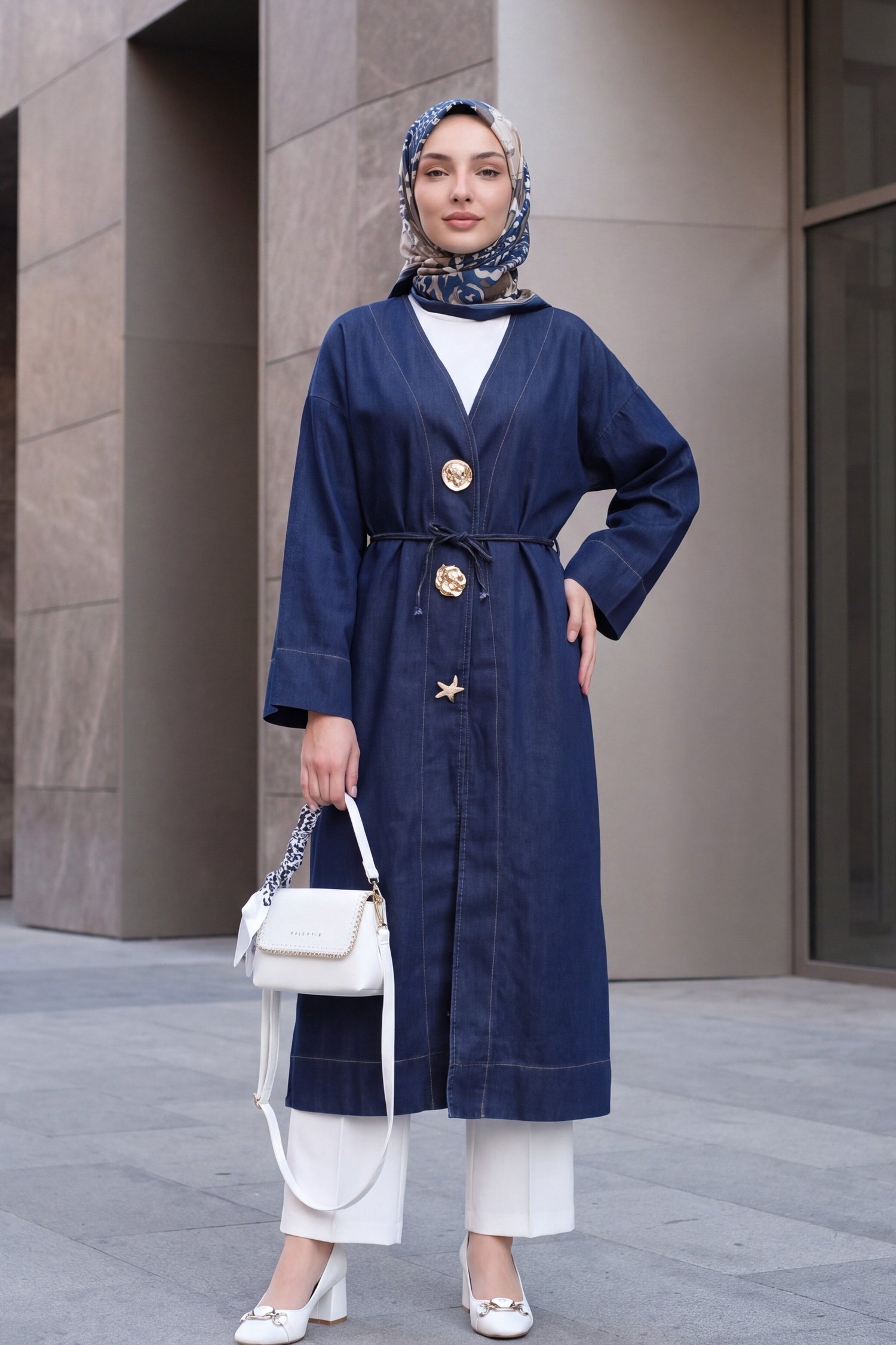 Beli Bağcıklı Broşlu Yırtmaçlı Uzun Kot Kimono -Koyu Lacivert