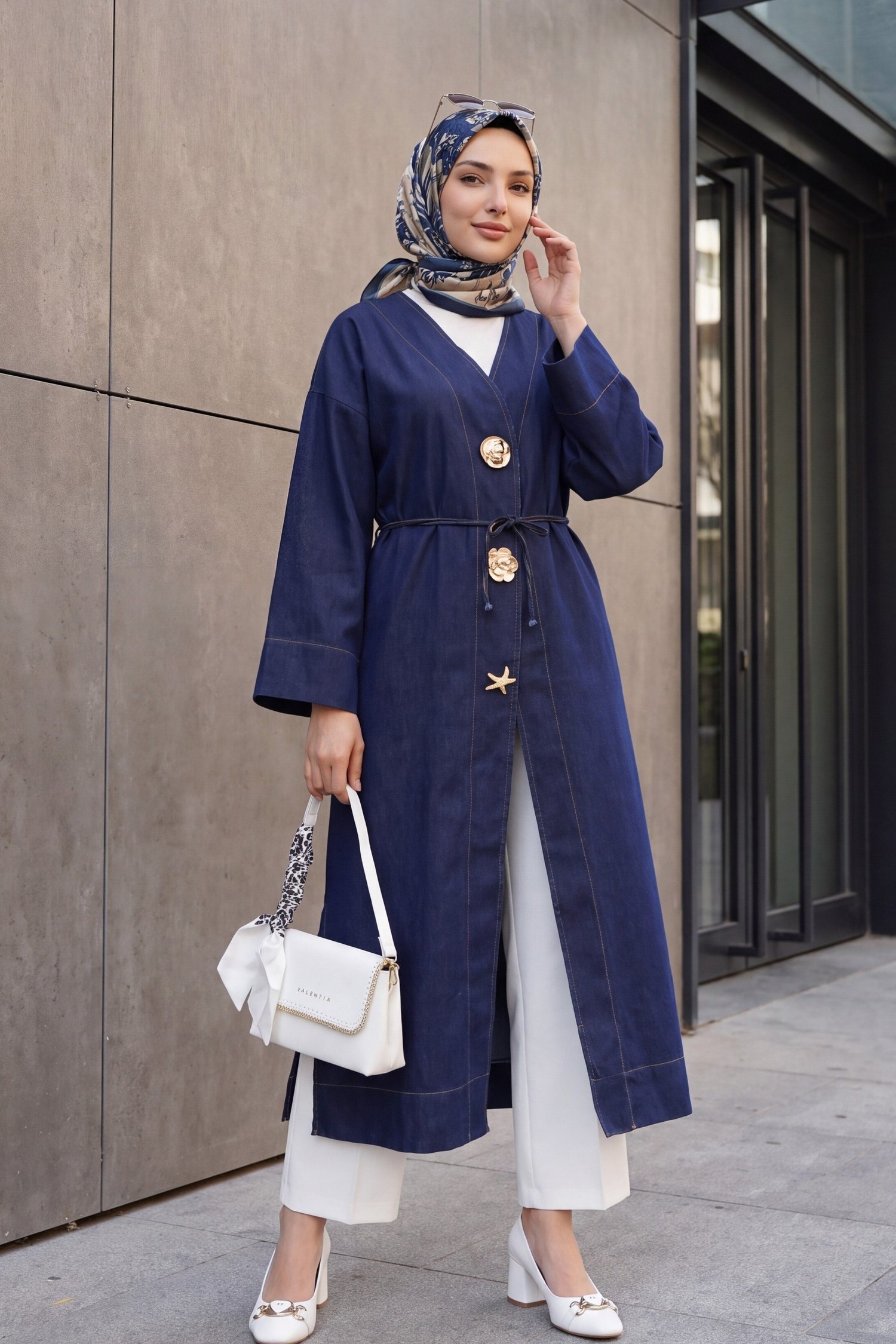 Beli Bağcıklı Broşlu Yırtmaçlı Uzun Kot Kimono -Koyu Lacivert