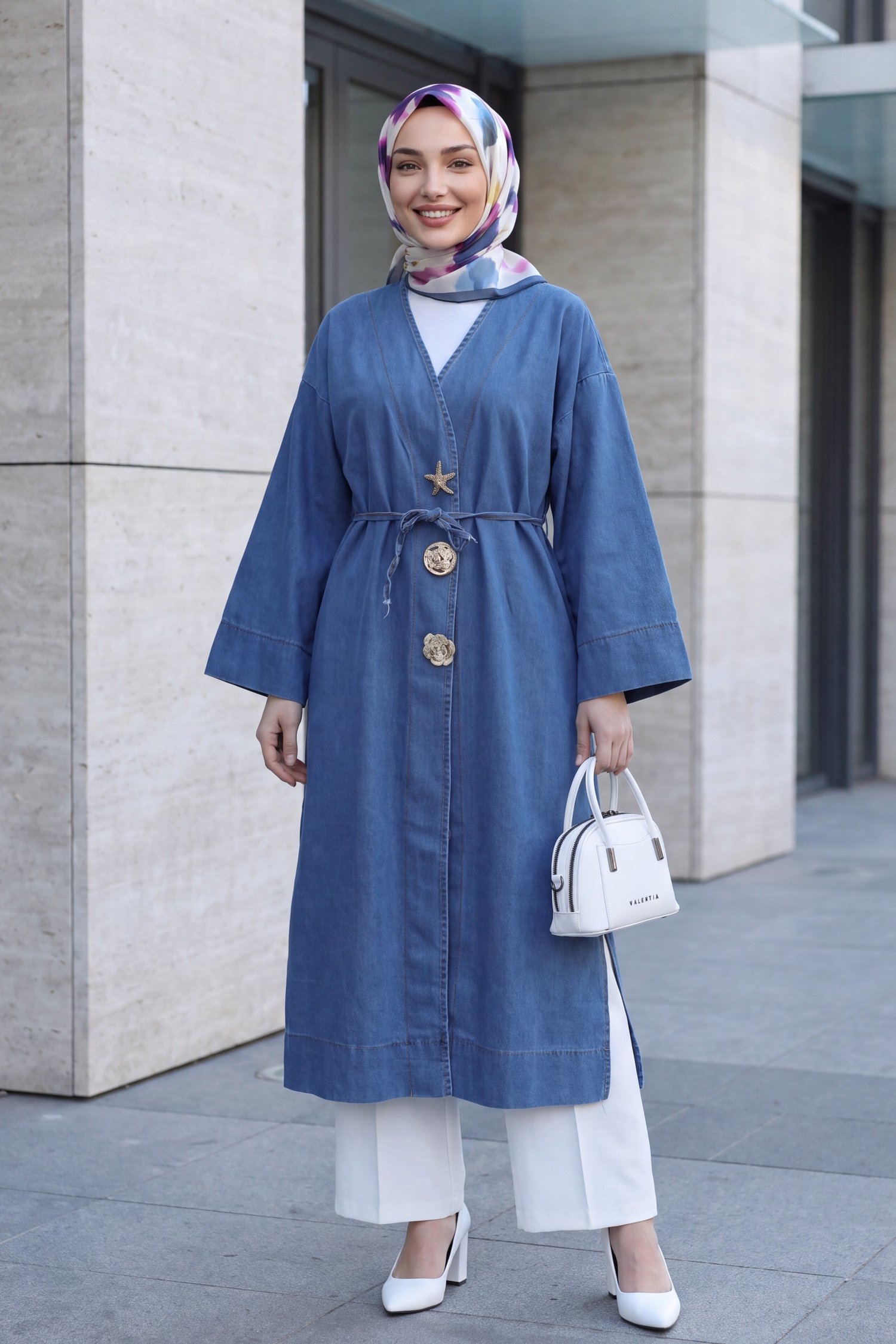 Beli Bağcıklı Broşlu Yırtmaçlı Uzun Kot Kimono -Mavi