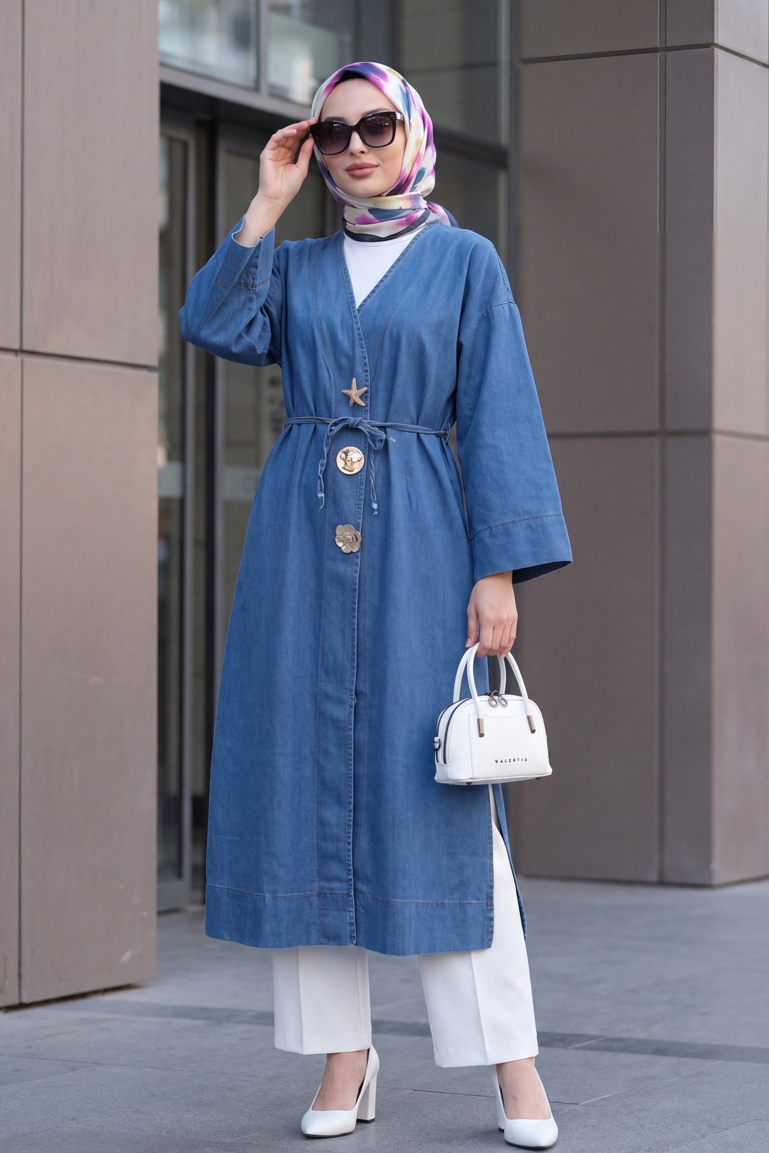 Beli Bağcıklı Broşlu Yırtmaçlı Uzun Kot Kimono -Mavi