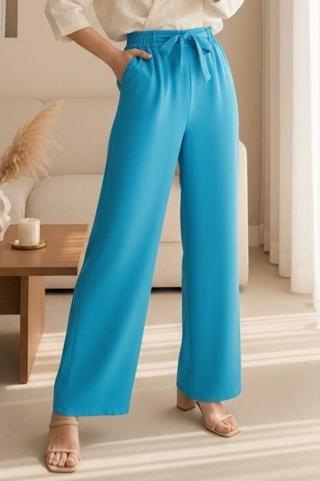 Beli Bağcıklı Double Bol Paça Pantolon      -Mavi