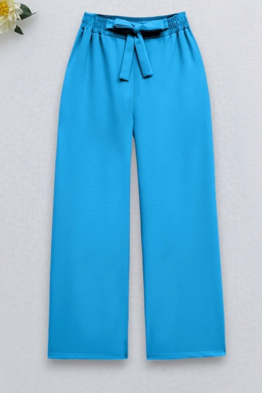 Beli Bağcıklı Double Bol Paça Pantolon      -Mavi