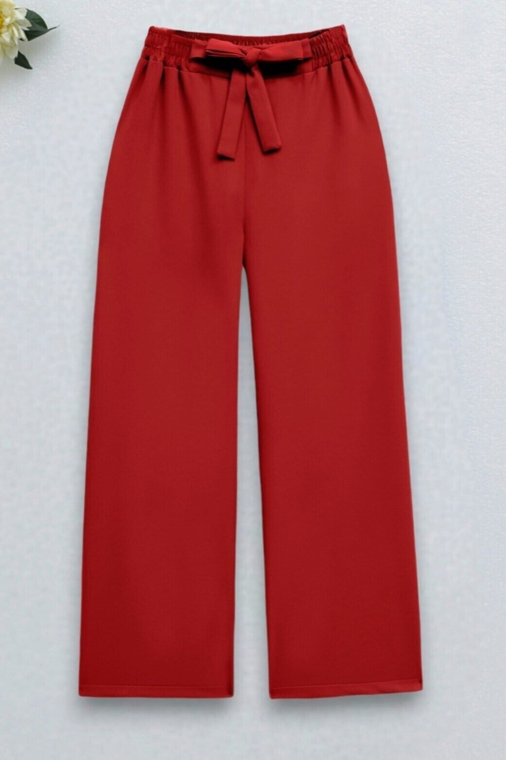Beli Bağcıklı Double Bol Paça Pantolon -Kırmızı