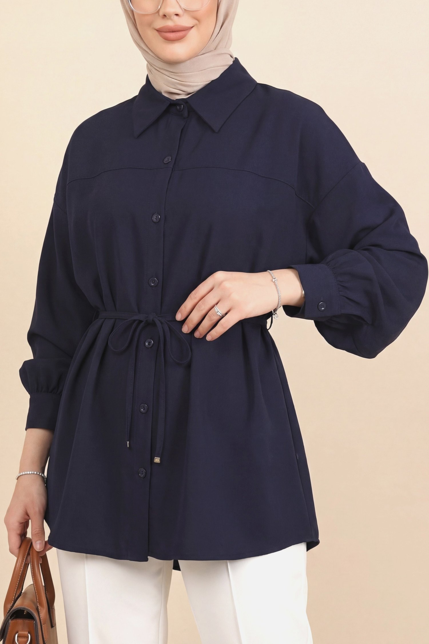 Beli Bağcıklı Düğmeli Oversize Modal Tunik -Lacivert