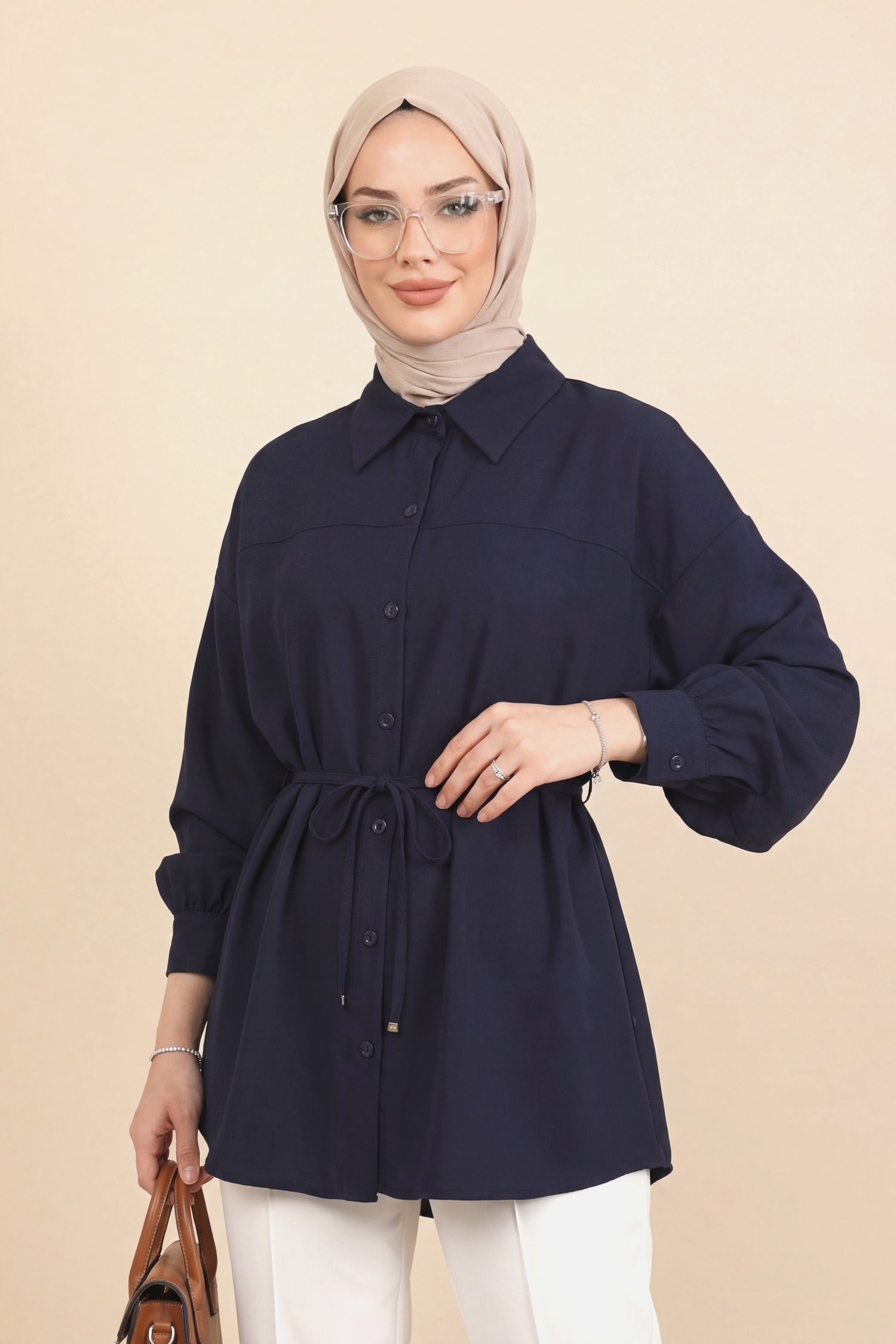 Beli Bağcıklı Düğmeli Oversize Modal Tunik -Lacivert