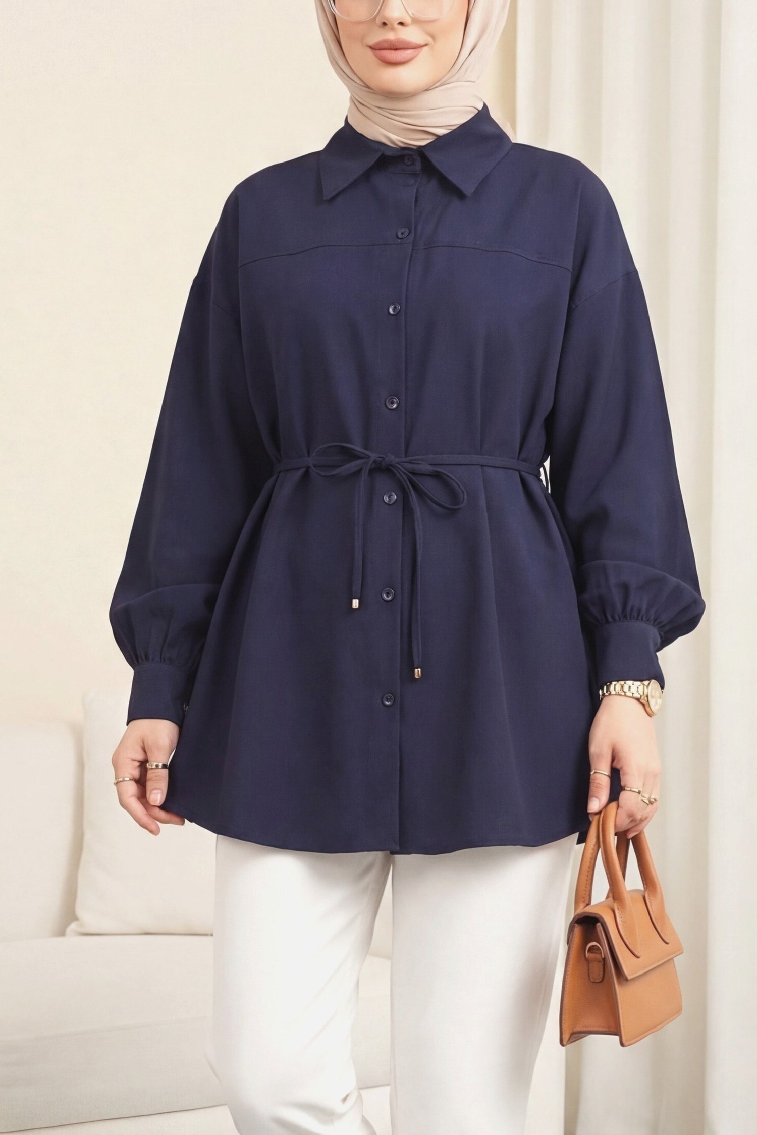 Beli Bağcıklı Düğmeli Oversize Modal Tunik -Lacivert