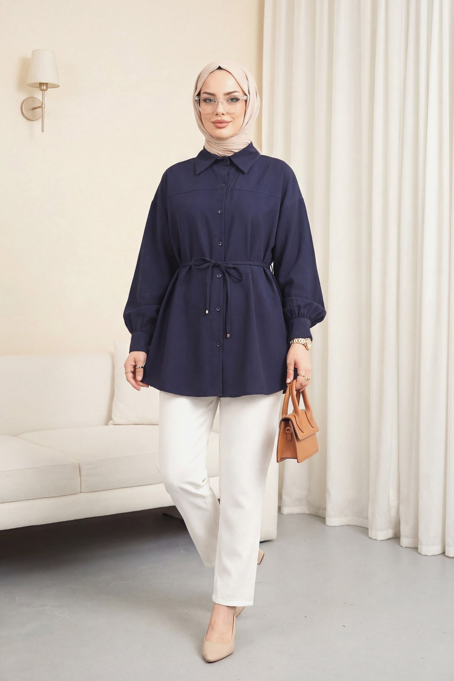 Beli Bağcıklı Düğmeli Oversize Modal Tunik -Lacivert