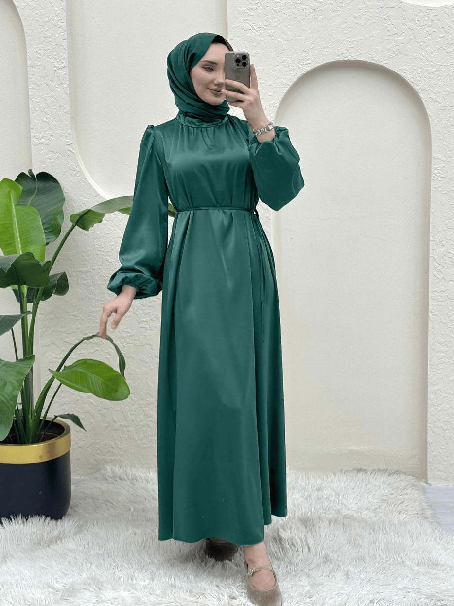 Beli Bağcıklı Kolu Lastikli Saten Abiye  -Mint