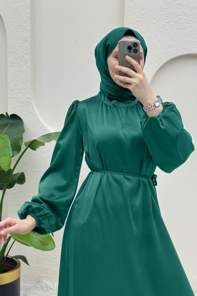 Beli Bağcıklı Kolu Lastikli Saten Abiye  -Mint