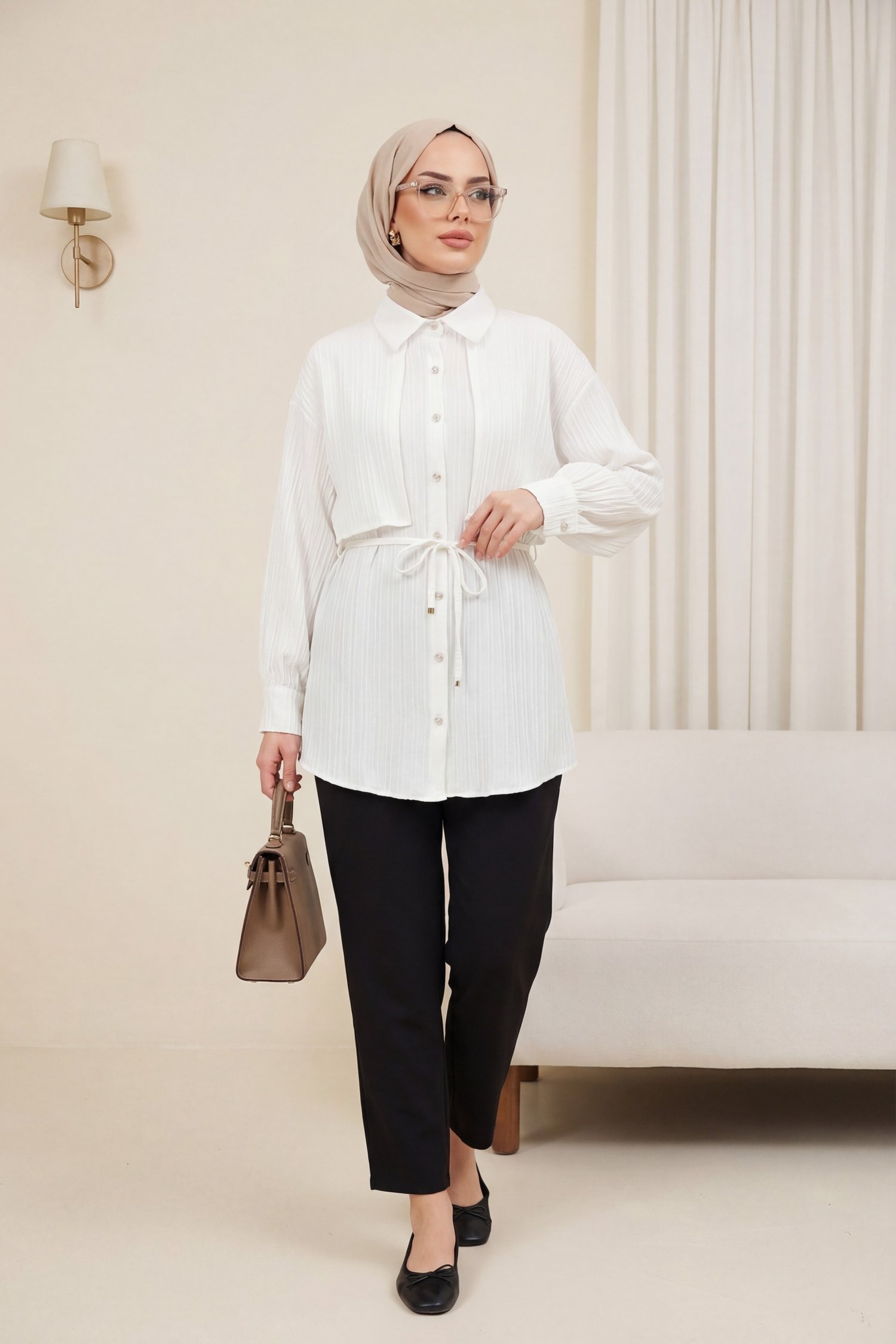 Beli Bağlamalı Bolero Detaylı Taşlı Düğmeli Gömlek  -Beyaz
