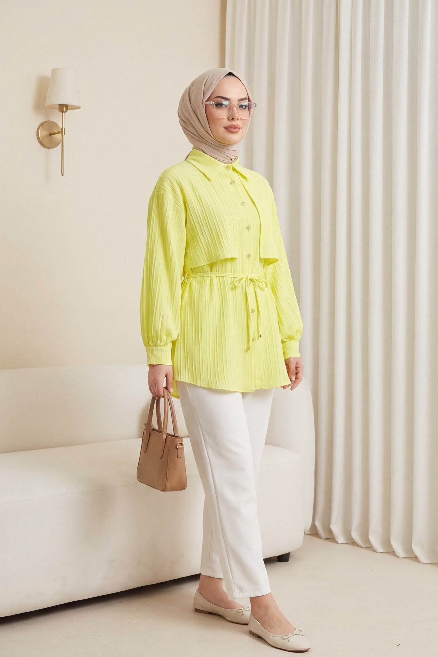 Beli Bağlamalı Bolero Detaylı Taşlı Düğmeli Gömlek -Sarı