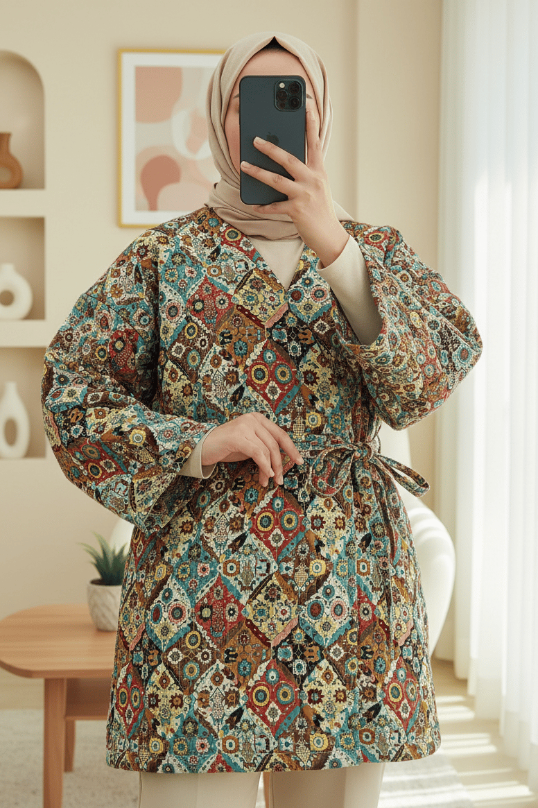 Beli Bağlamalı Cepli Desenli Astarlı Kapitone Kimono -Bej
