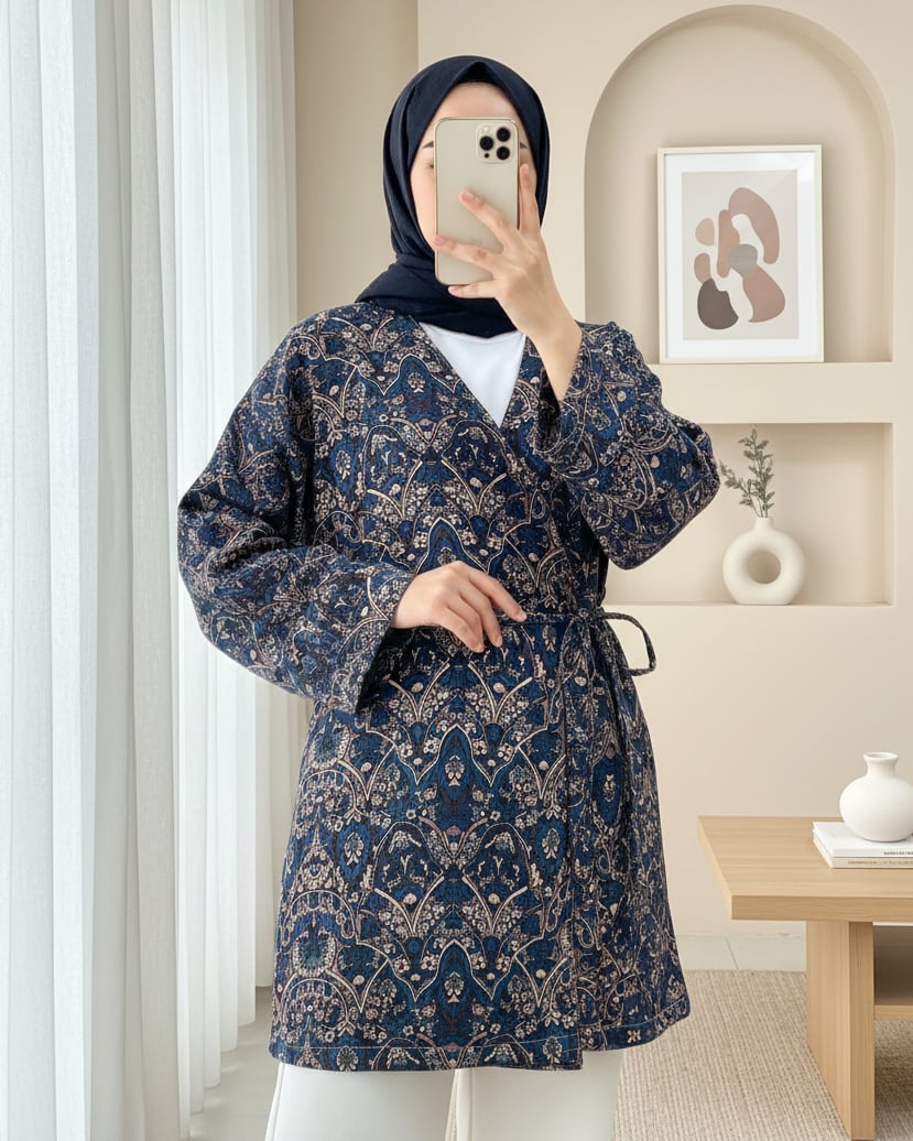 Beli Bağlamalı Cepli Desenli Astarlı Kapitone Kimono -Laci