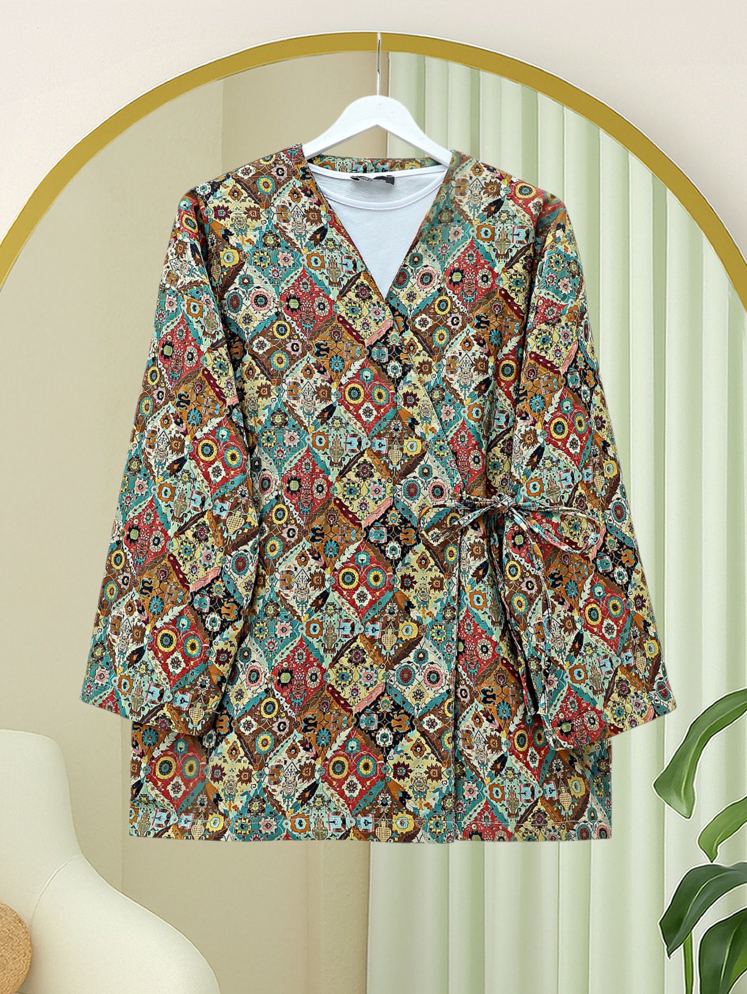 Beli Bağlamalı Cepli Desenli Astarlı Kapitone Kimono -Bej