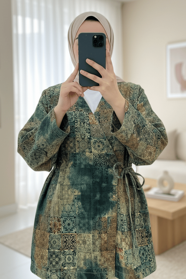 Beli Bağlamalı Cepli Desenli Astarlı Kapitone Kimono -Haki