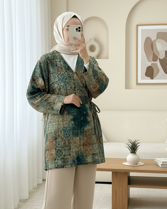 Beli Bağlamalı Cepli Desenli Astarlı Kapitone Kimono -Haki