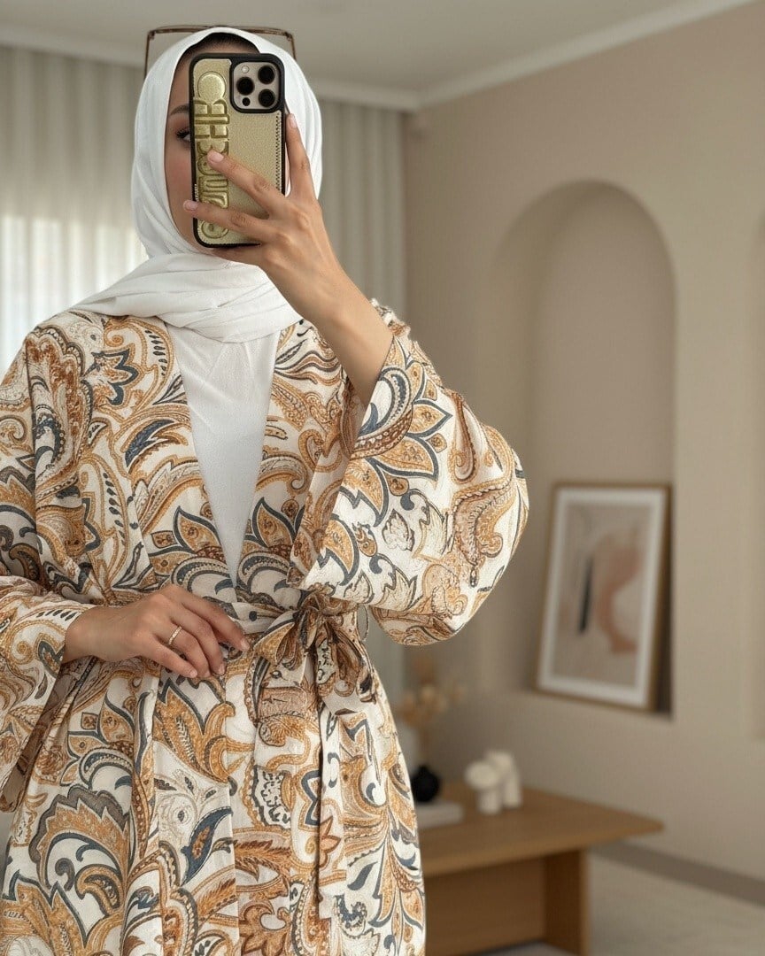Beli Bağlamalı Etnik Desen Modal Kimono -Bej