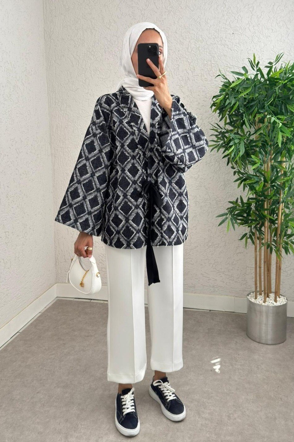 Beli Bağlamalı Kare Desen Saçaklı Kimono -Koyu Lacivert