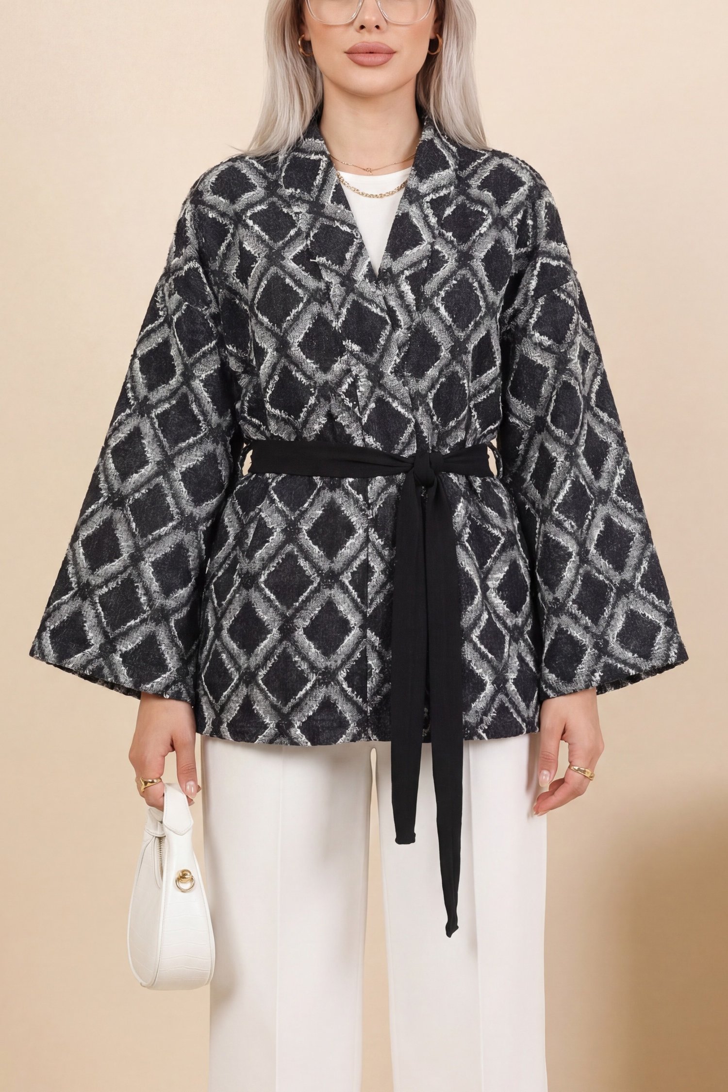 Beli Bağlamalı Kare Desen Saçaklı Kimono -Koyu Lacivert