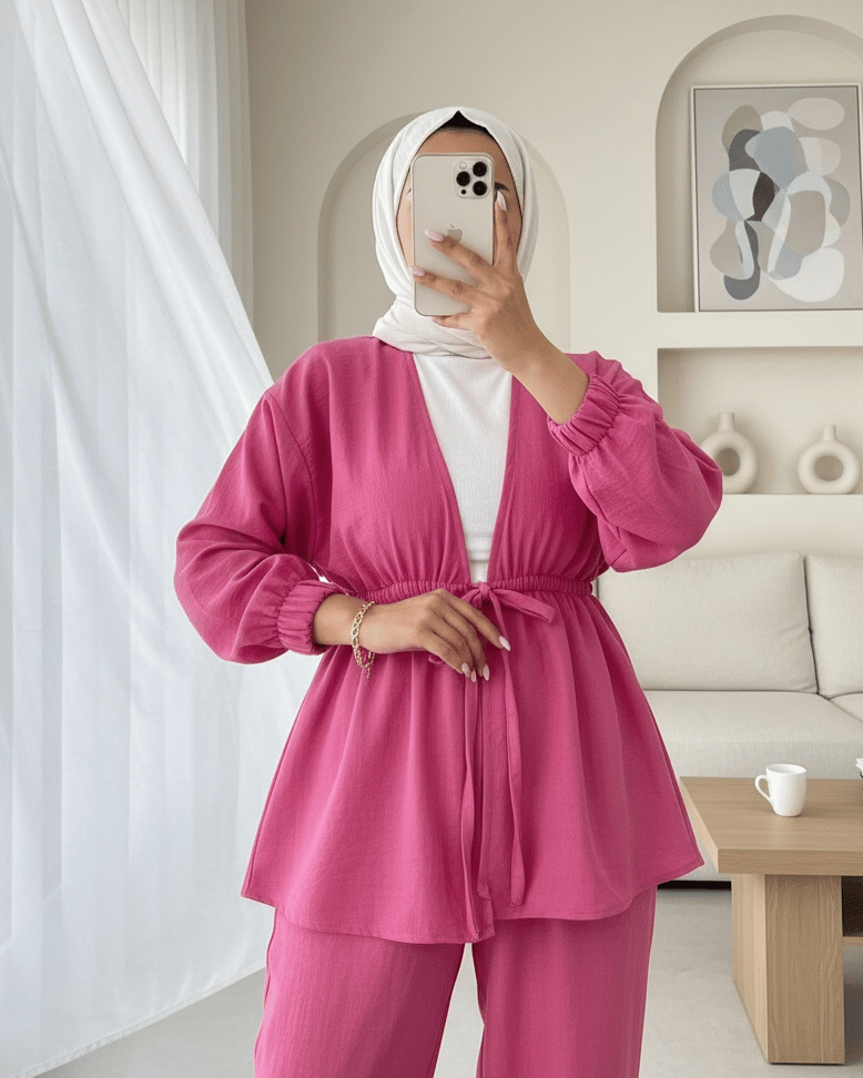 Beli Bağlamalı Lastikli İkili Keten Görünümlü Takım -Fuşya
