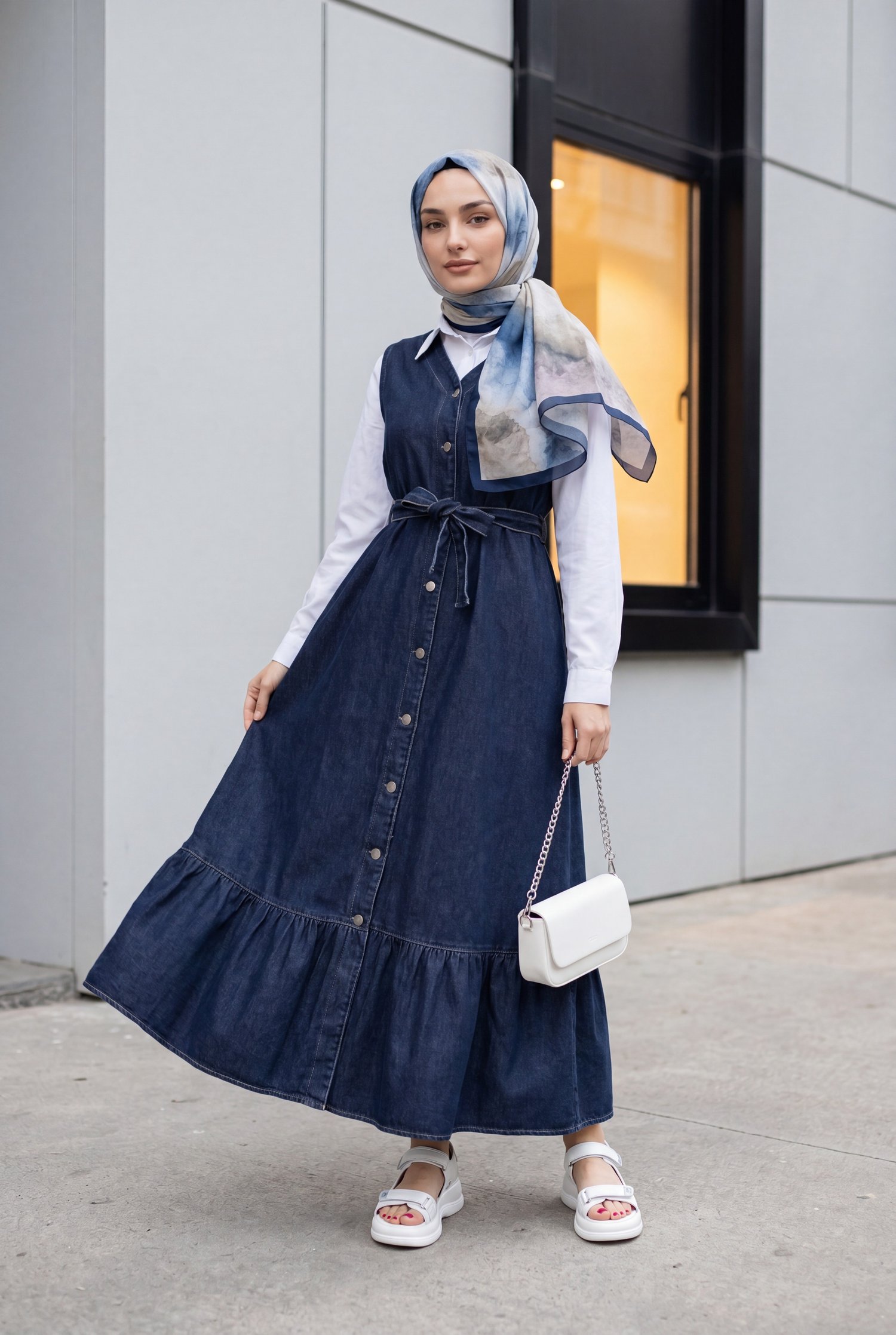 Beli Bağlamalı Önü Düğmeli Cepli Kot Jile   -Lacivert