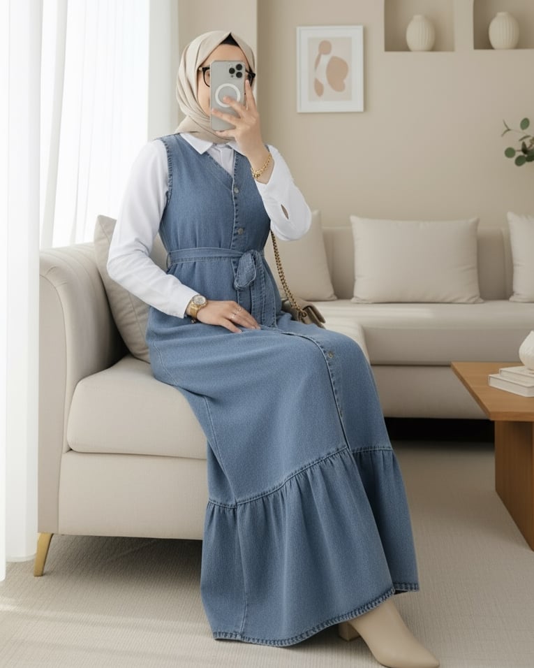 Beli Bağlamalı Önü Düğmeli Cepli Kot Jile   -Buz Mavi