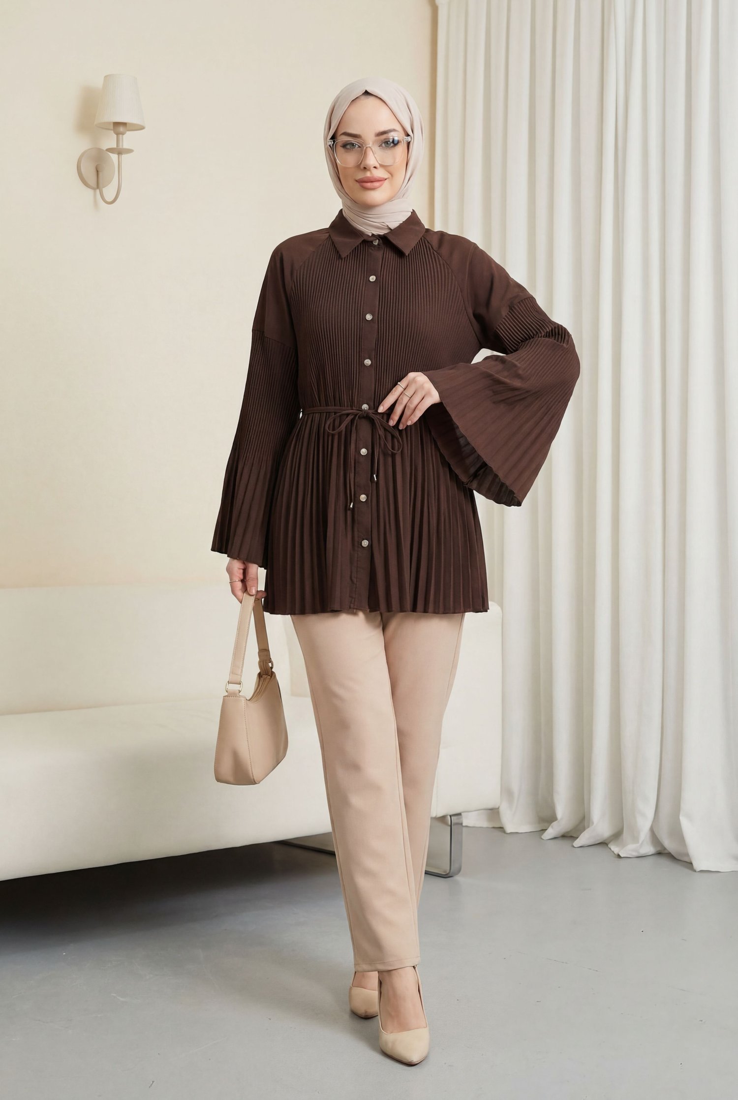 Beli Bağlamalı Taşlı Düğmeli Pliseli Poplin Tunik -Kahverengi