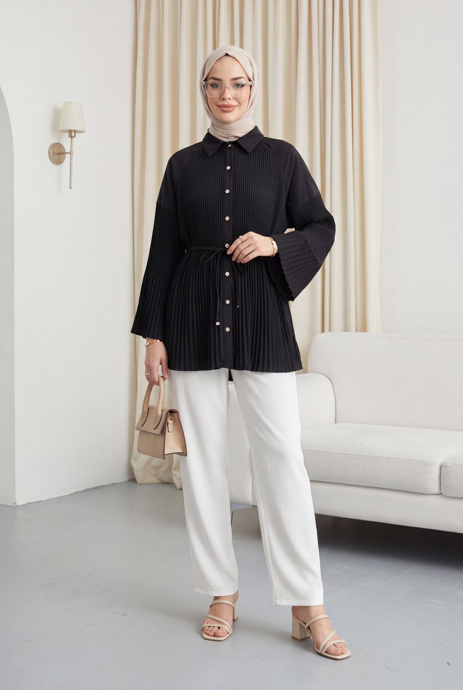 Beli Bağlamalı Taşlı Düğmeli Pliseli Poplin Tunik -Siyah