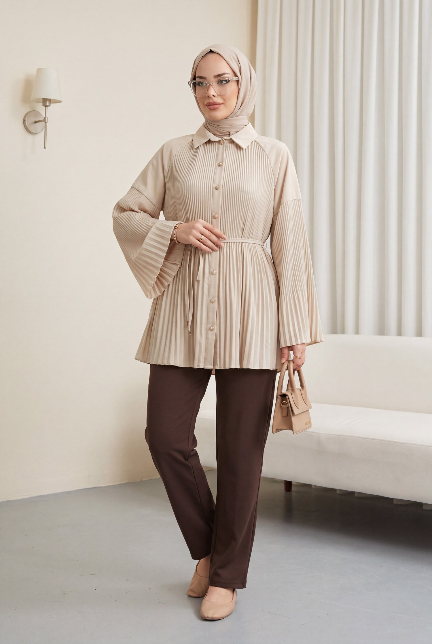 Beli Bağlamalı Taşlı Düğmeli Pliseli Poplin Tunik -Bej
