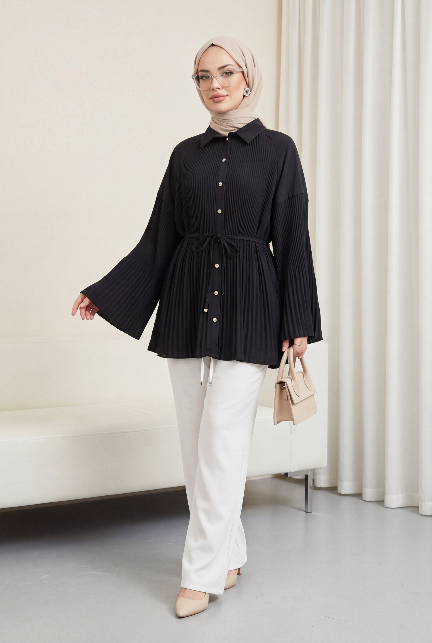 Beli Bağlamalı Taşlı Düğmeli Pliseli Poplin Tunik -Siyah