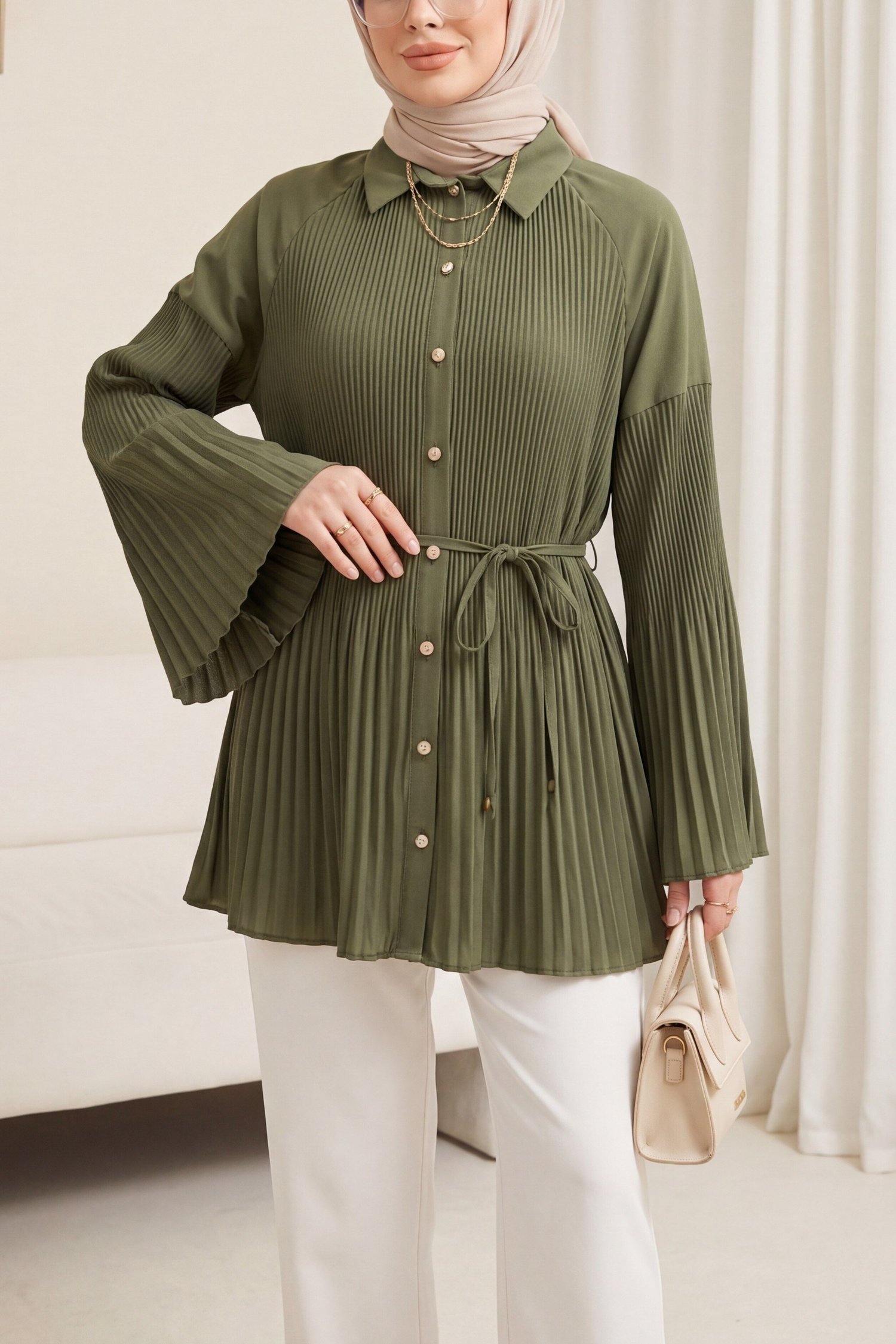 Beli Bağlamalı Taşlı Düğmeli Pliseli Poplin Tunik -Haki