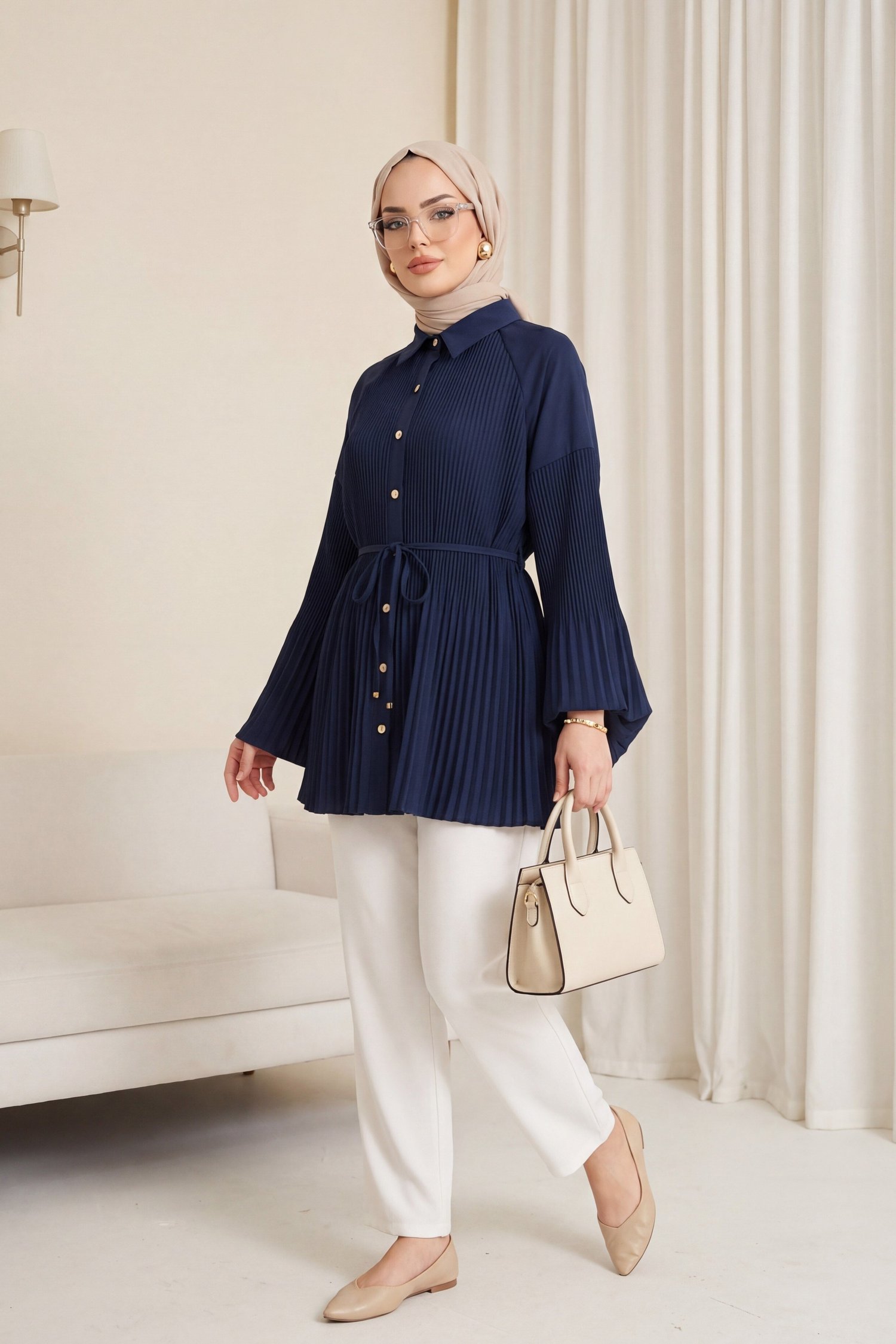 Beli Bağlamalı Taşlı Düğmeli Pliseli Poplin Tunik -Lacivert