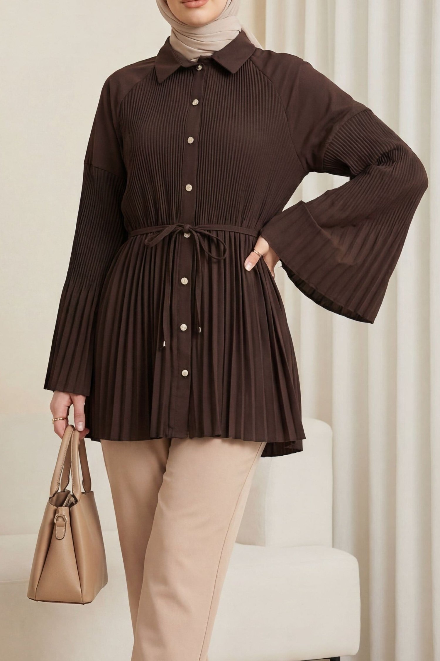 Beli Bağlamalı Taşlı Düğmeli Pliseli Poplin Tunik -Kahverengi