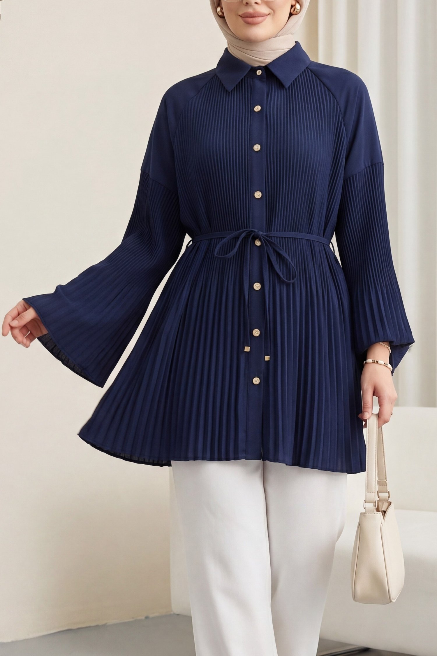 Beli Bağlamalı Taşlı Düğmeli Pliseli Poplin Tunik -Lacivert