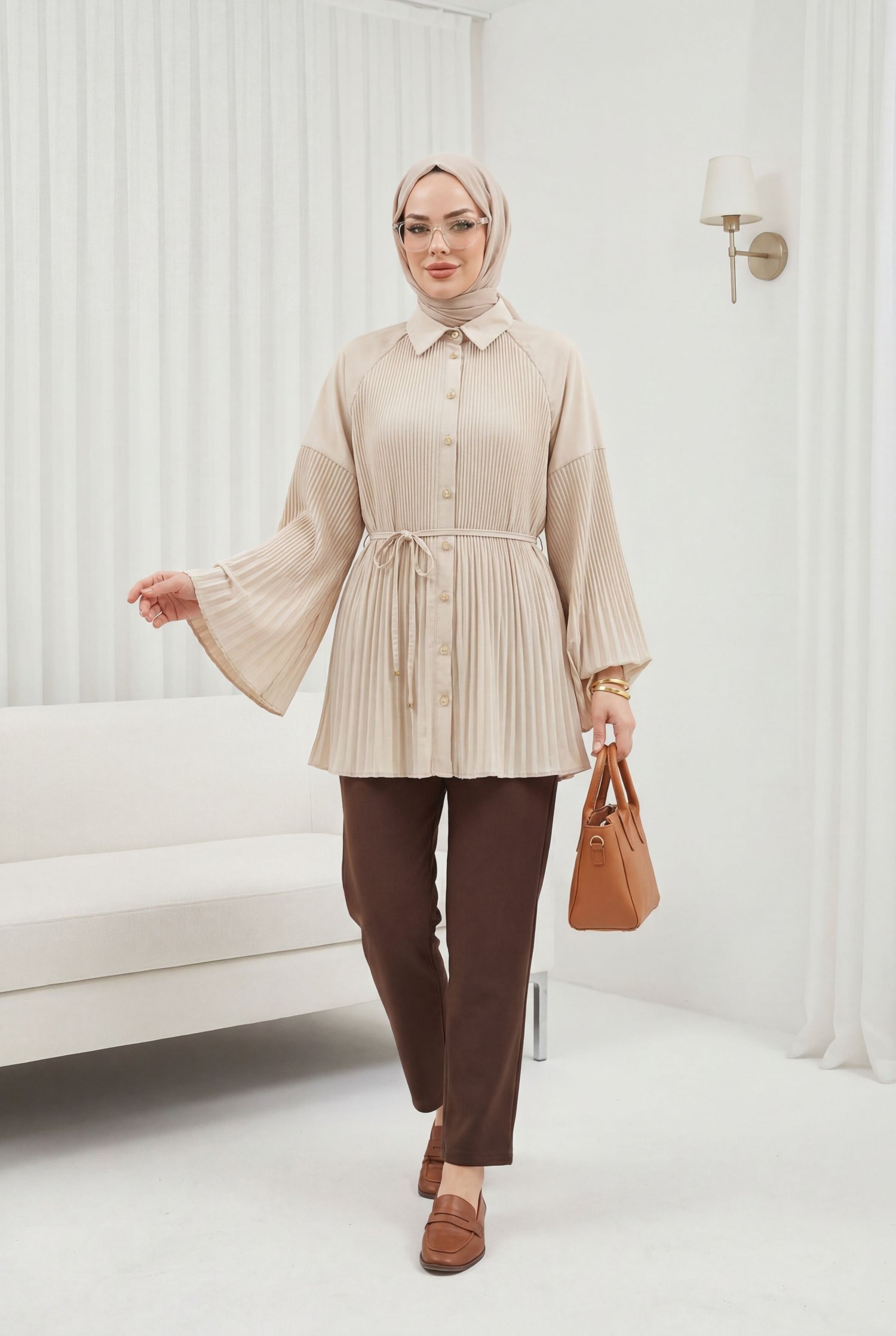 Beli Bağlamalı Taşlı Düğmeli Pliseli Poplin Tunik -Bej