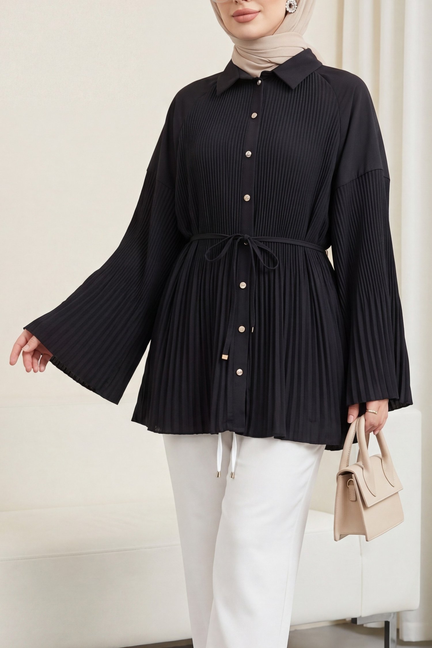 Beli Bağlamalı Taşlı Düğmeli Pliseli Poplin Tunik -Siyah