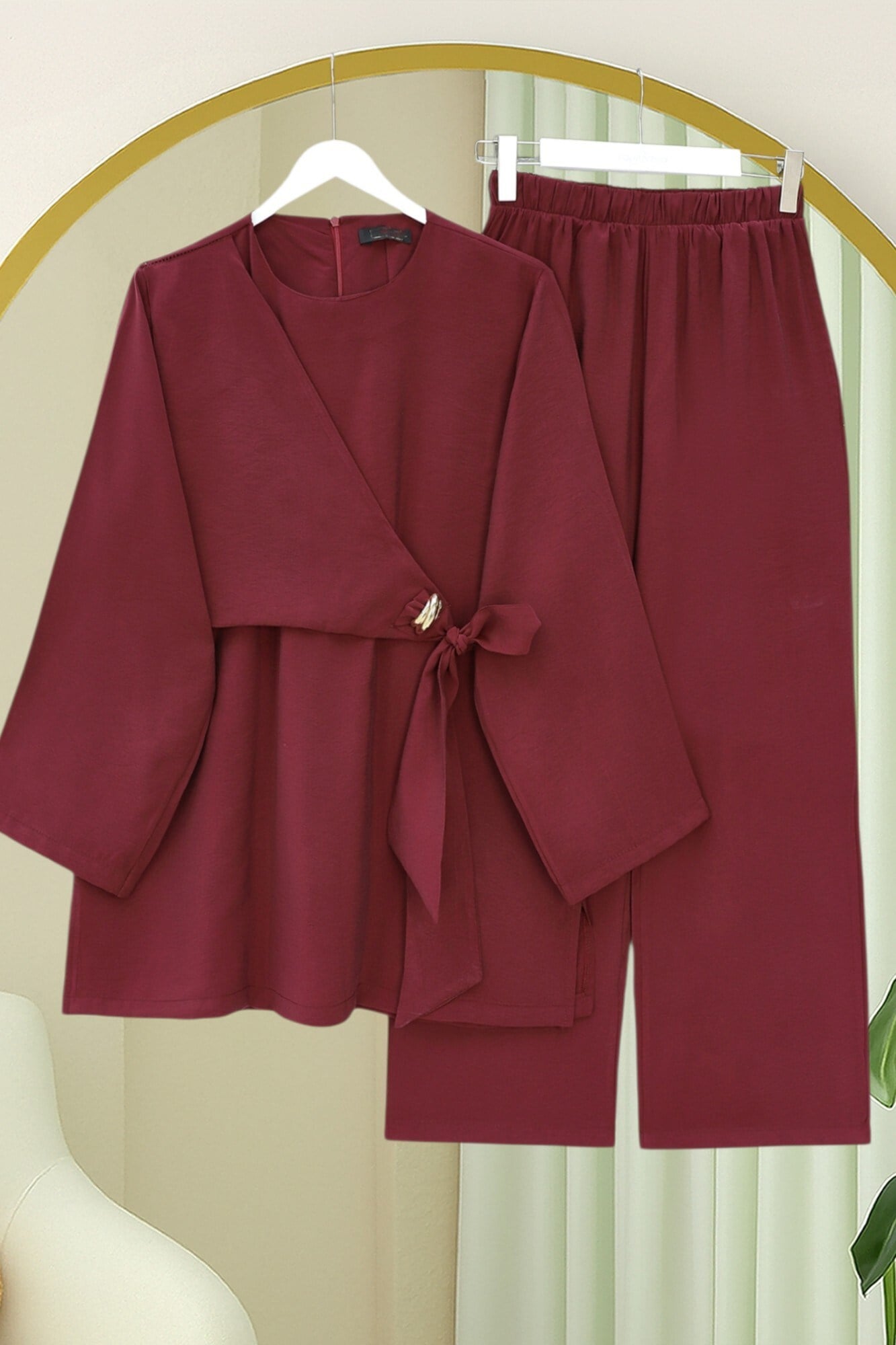 Beli Çapraz Bağlamalı Pantolonlu Modal Takım  -Bordo