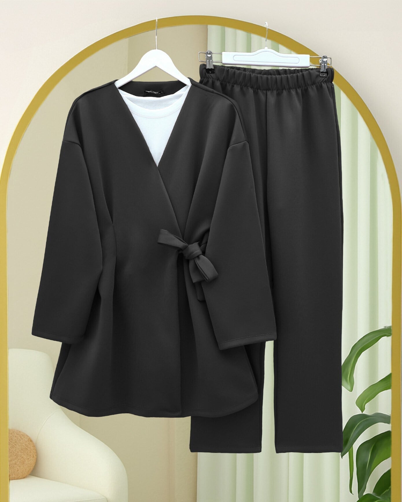 Beli Çift Bağlamalı Scuba Kimono Takım  -Siyah